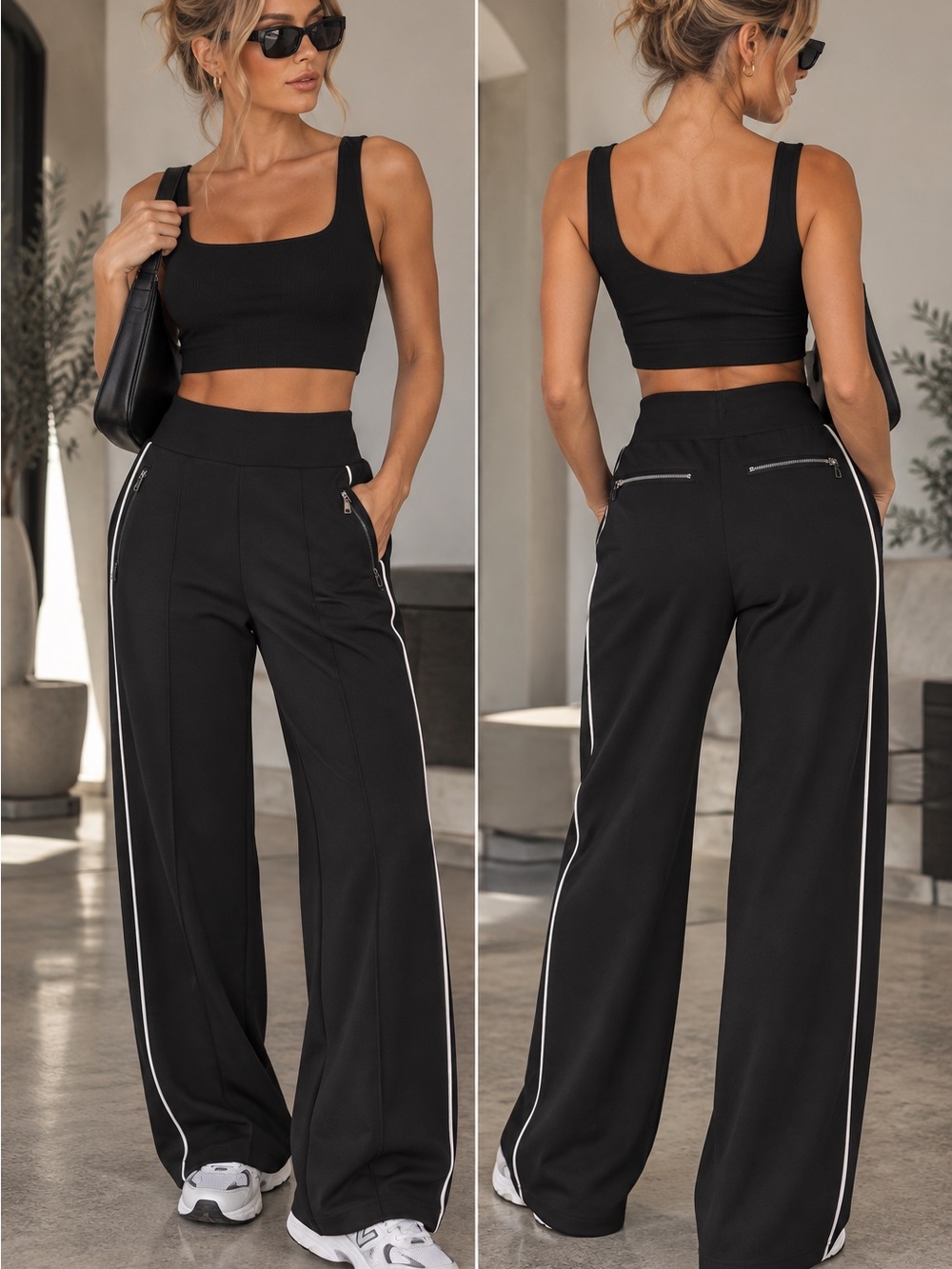 Athleta Black Wide-Leg Track Pants with White Side Stripe